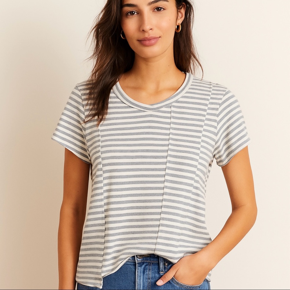 WILT Women S Tee Short Sleeve Gray White Stripe Asymmetrical Fractured Top Shirt